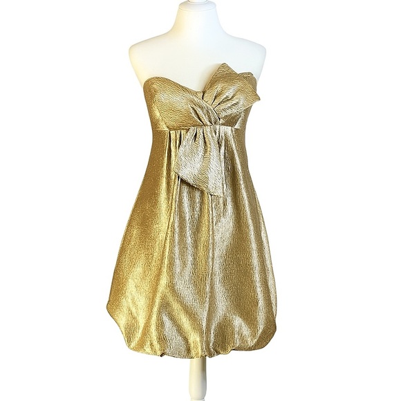 BCBGMAXAZRIA Metallic Gold Strapless Cocktail Dress With Bow Detail Size 8 - Picture 1 of 7